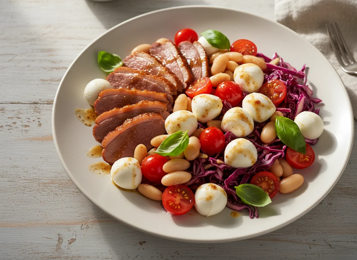 Salat-Teller mit Entenbrust, Mozzarella und Bohnen photo