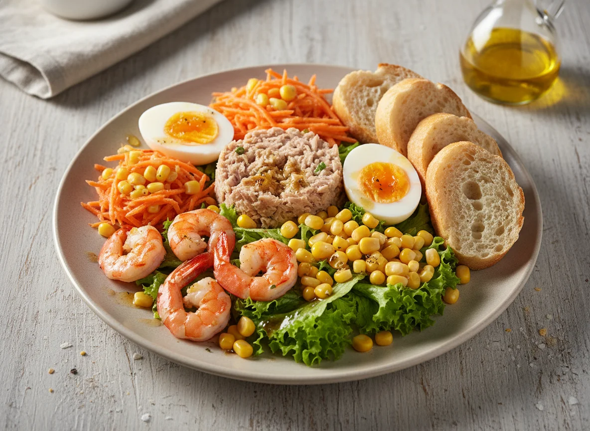 Salatteller mit Garnelen, Thunfisch und Ei photo