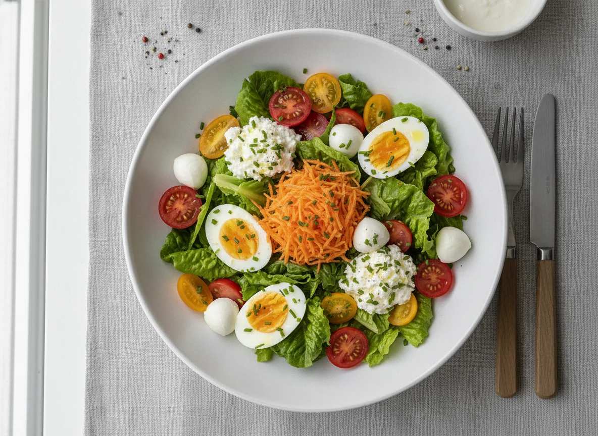 Salatteller mit Gemüse, Eiern und Käse photo