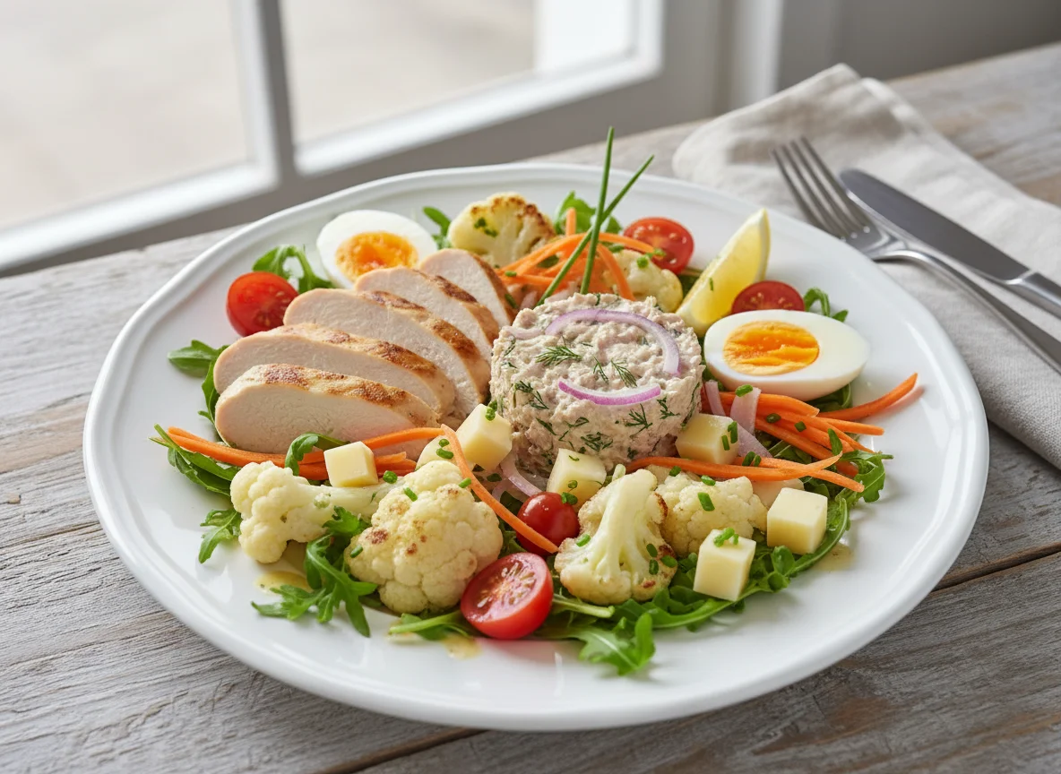 Salatteller mit Hähnchenbrust und Thunfischsalat photo
