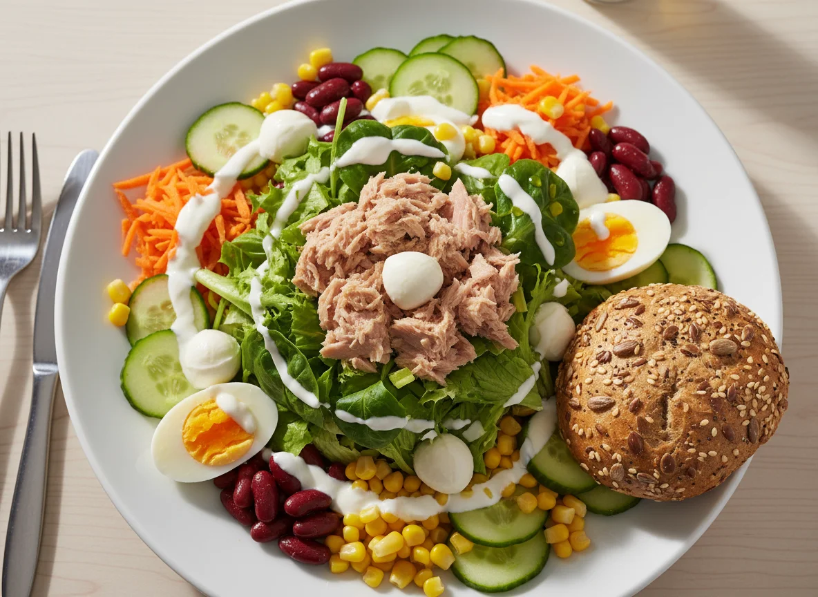 Salatteller mit Thunfisch und Ei photo