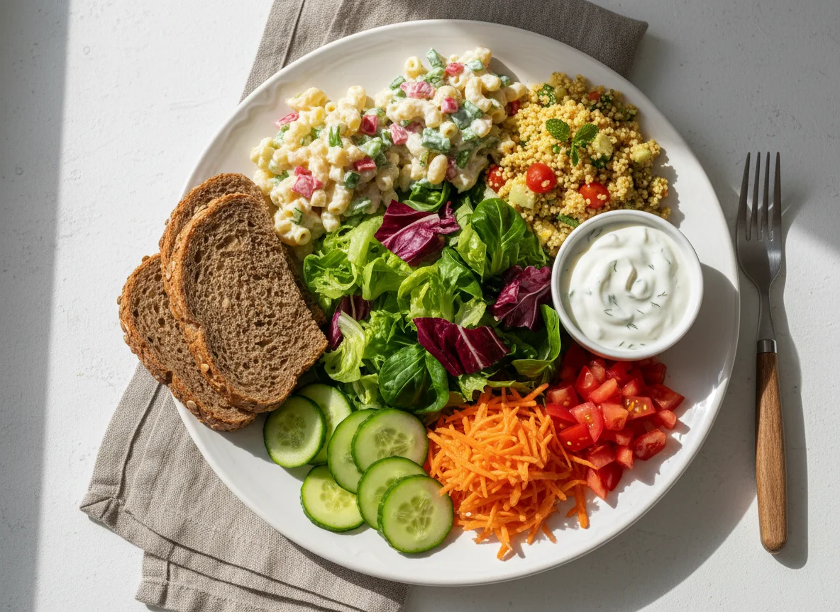 Salatteller mit verschiedenen Beilagen und Brot photo