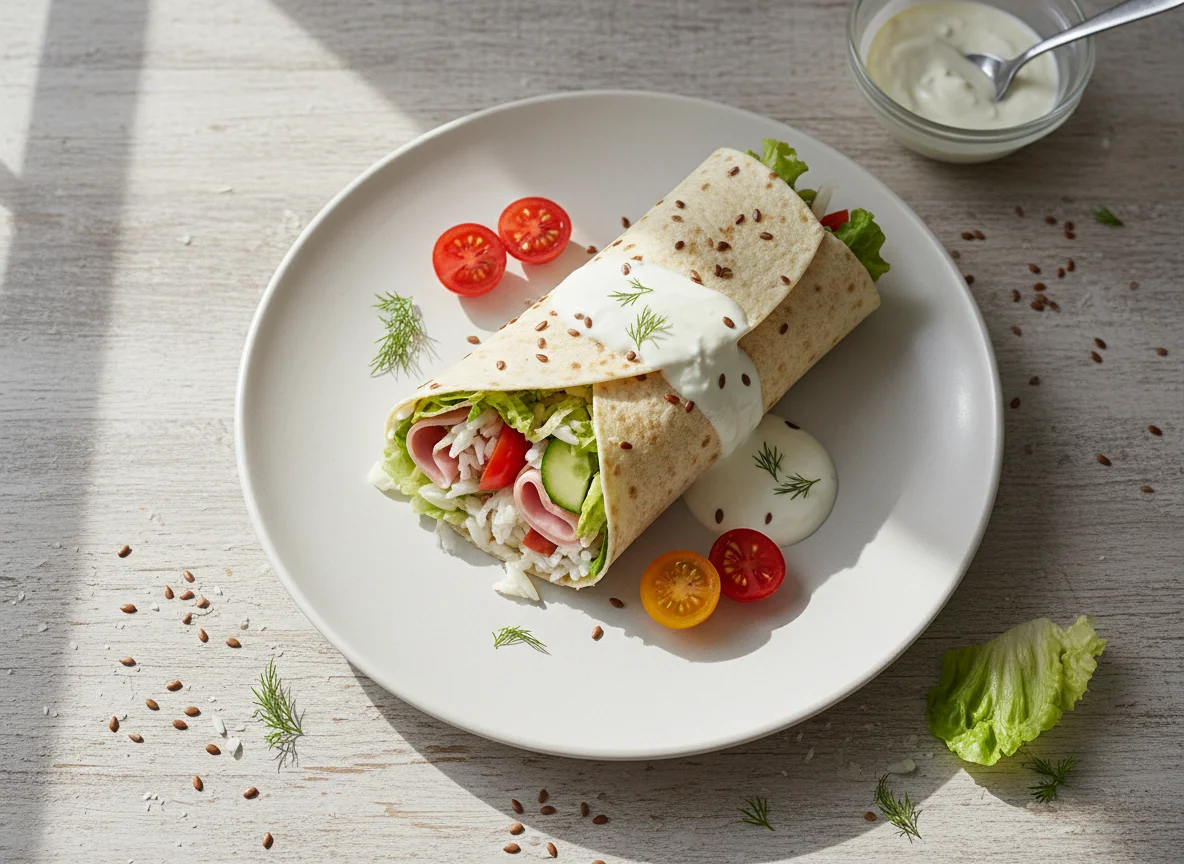 Salat-Wrap mit Reis und Schinken photo