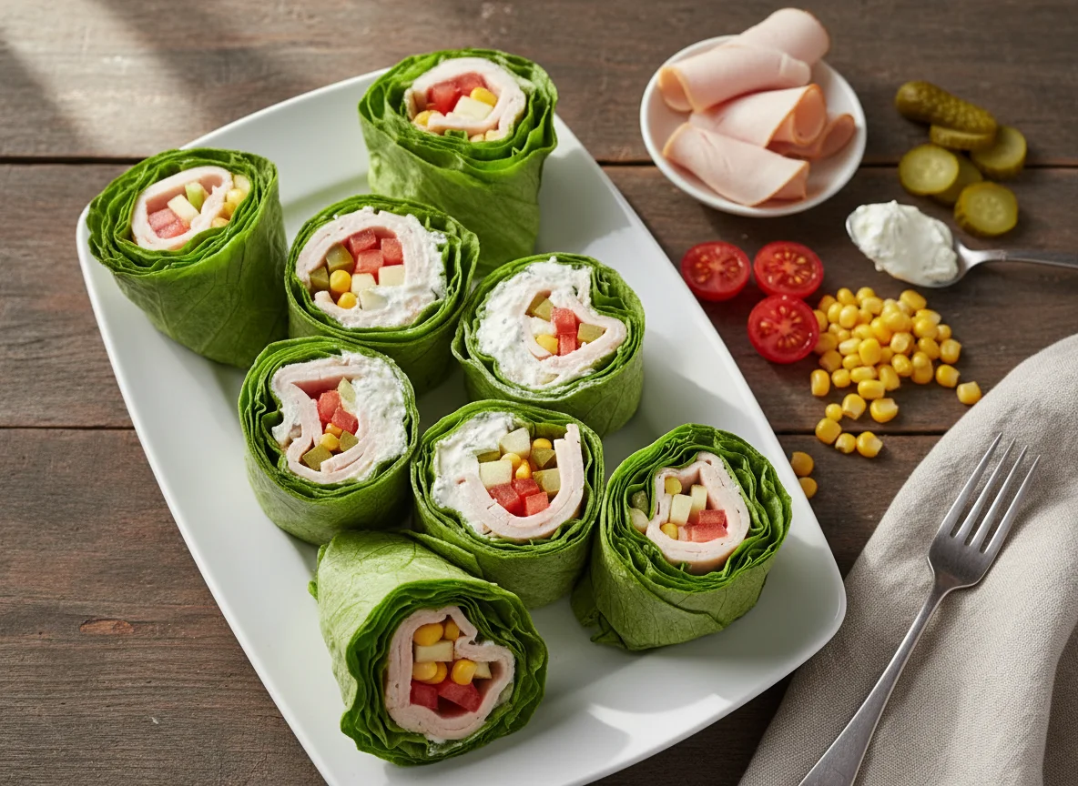 Salatwraps mit Putenbrust und Beilagen photo