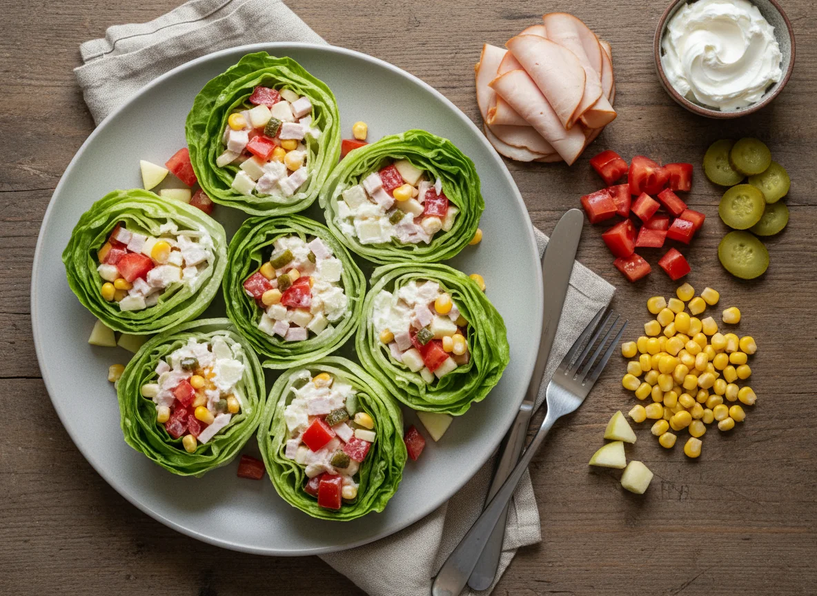 Salat-Wraps mit Putenbrust und Beilagen photo