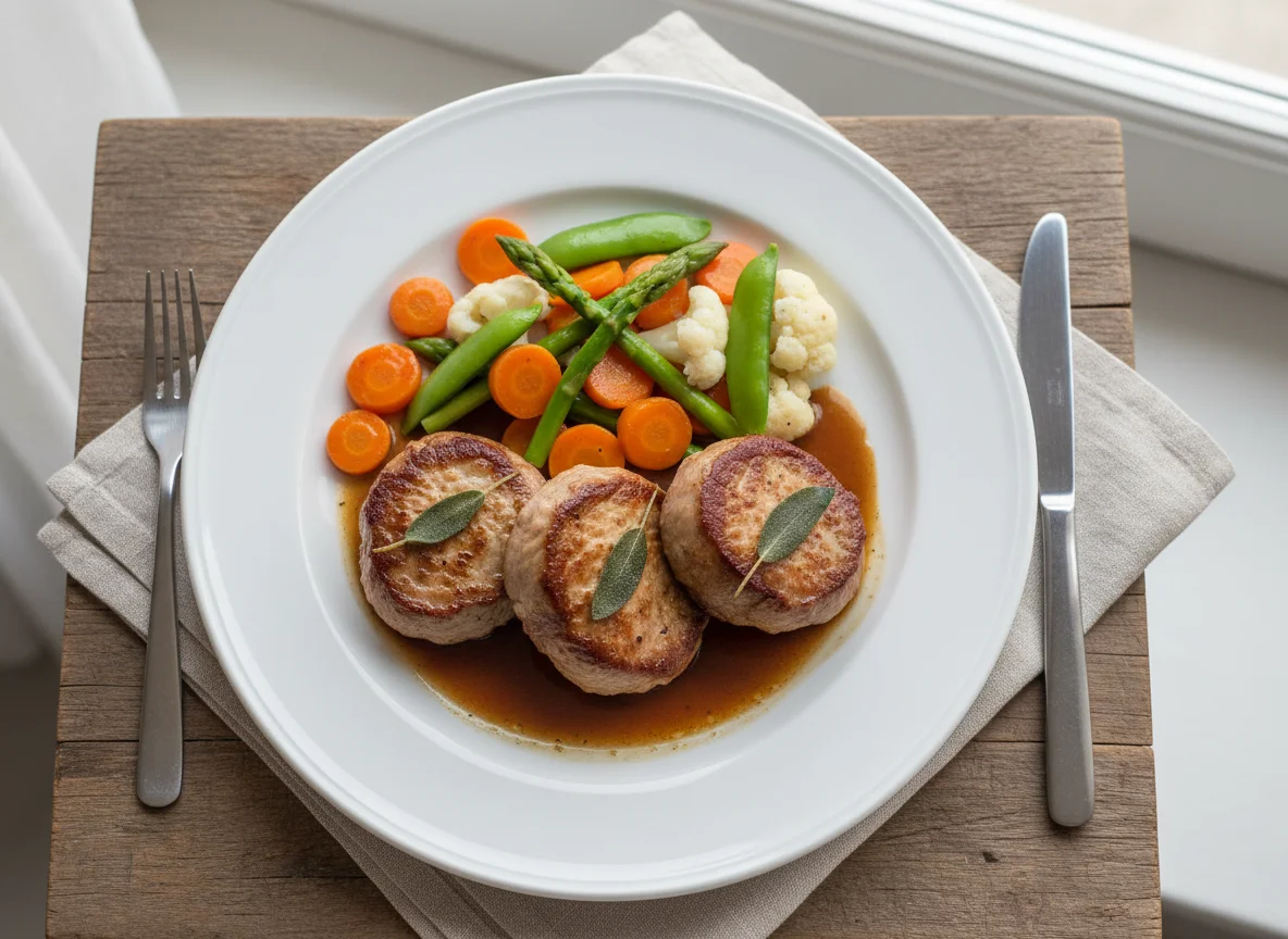 Saltimbocca mit Gemüse und Sauce photo