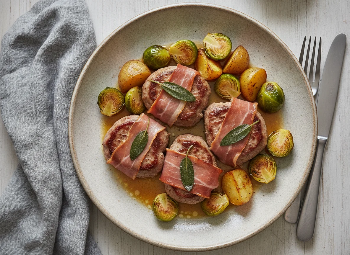 Saltimbocca mit Rosenkohl und Kartoffeln photo