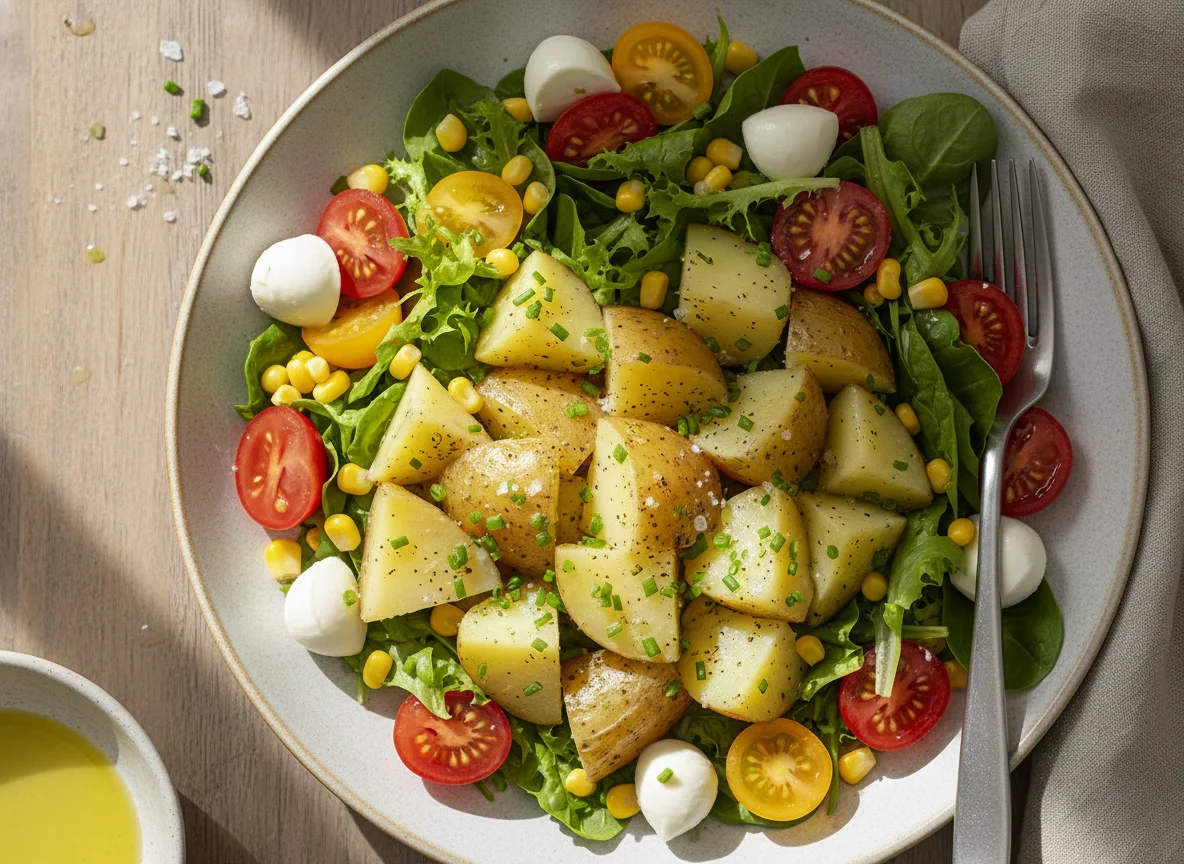 Salzkartoffeln mit gemischtem Salat und Mozzarella photo