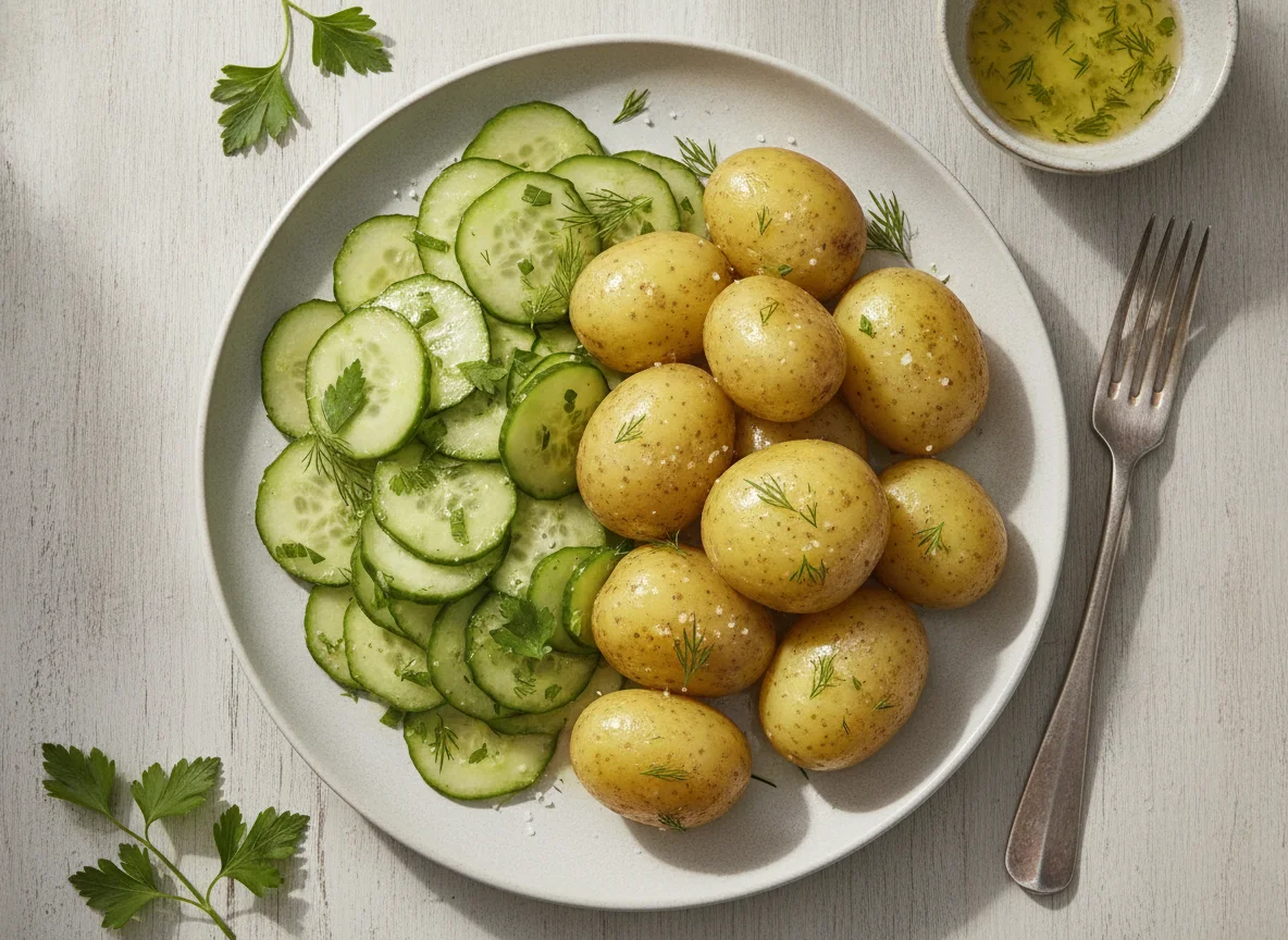 Salzkartoffeln mit Gurkensalat photo