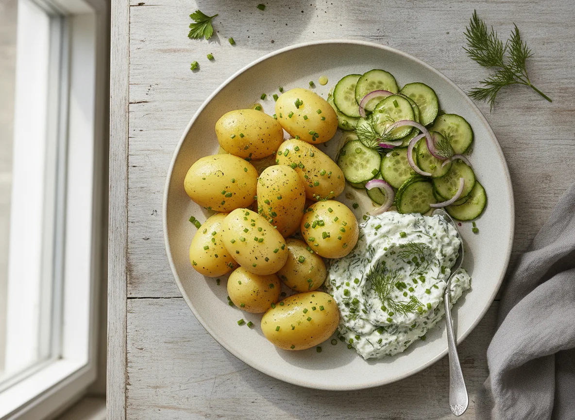 Salzkartoffeln mit Kräuterquark und Gurkensalat photo