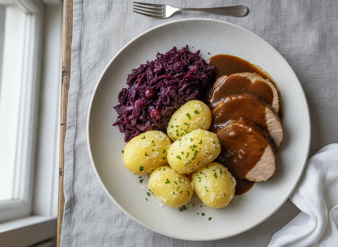 Salzkartoffeln mit Rotkohl und Bratensoße photo