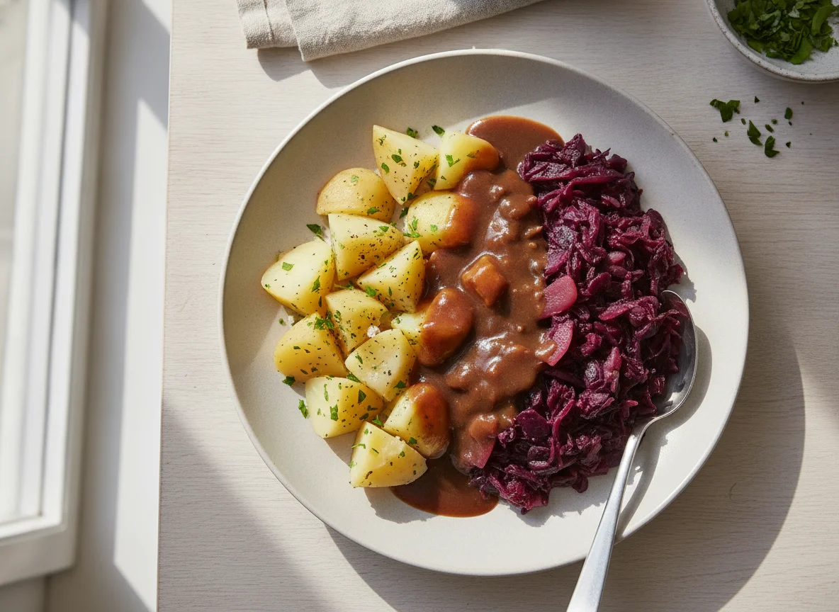 Salzkartoffeln mit Rotkohl und dunkler Soße photo