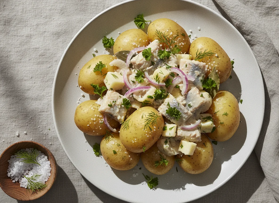 Salzkartoffeln mit Sahnehering photo