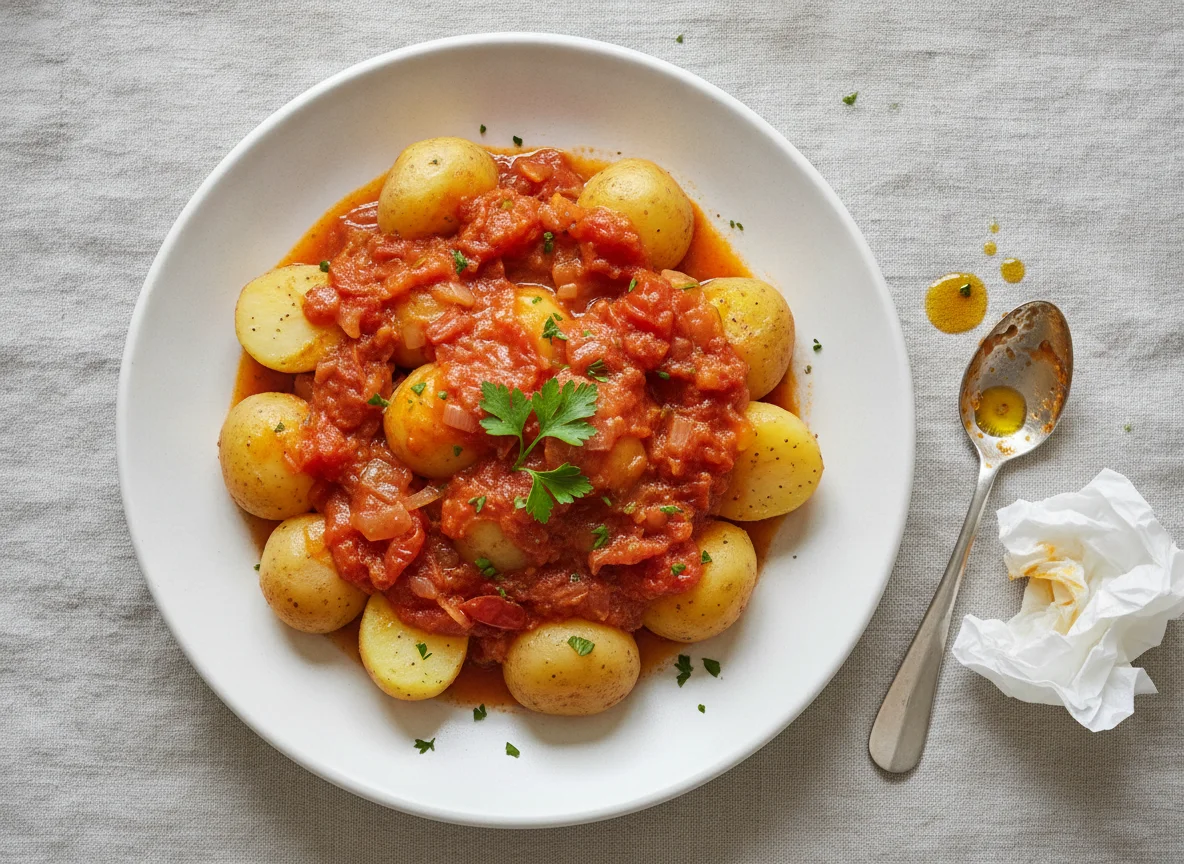 Salzkartoffeln mit Tomaten-Zwiebel-Sauce photo