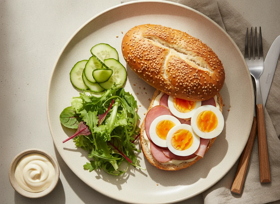 Salzstangerl mit Schinken, Ei und Gemüse photo