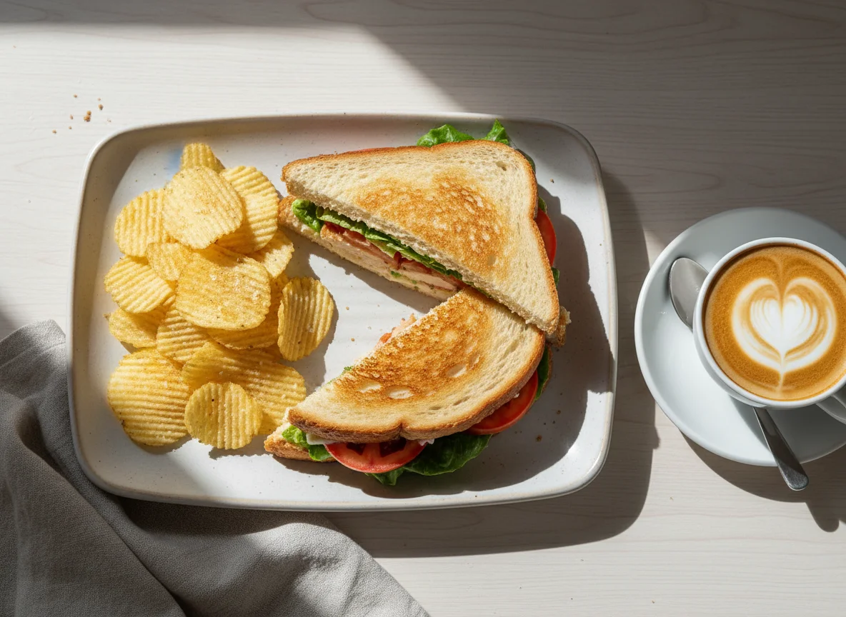 Sandwich mit Chips und Cappuccino photo