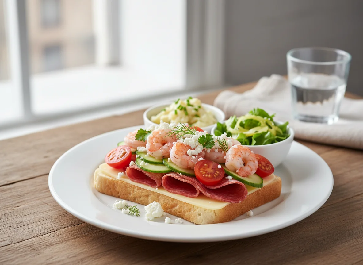 Sandwich mit Garnelen und Beilagen photo