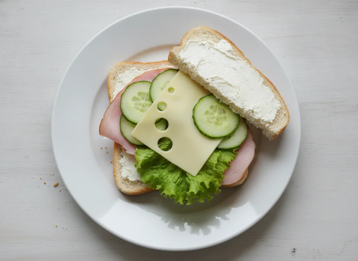 Sandwich mit Gurke, Salat, Käse und Schinken photo