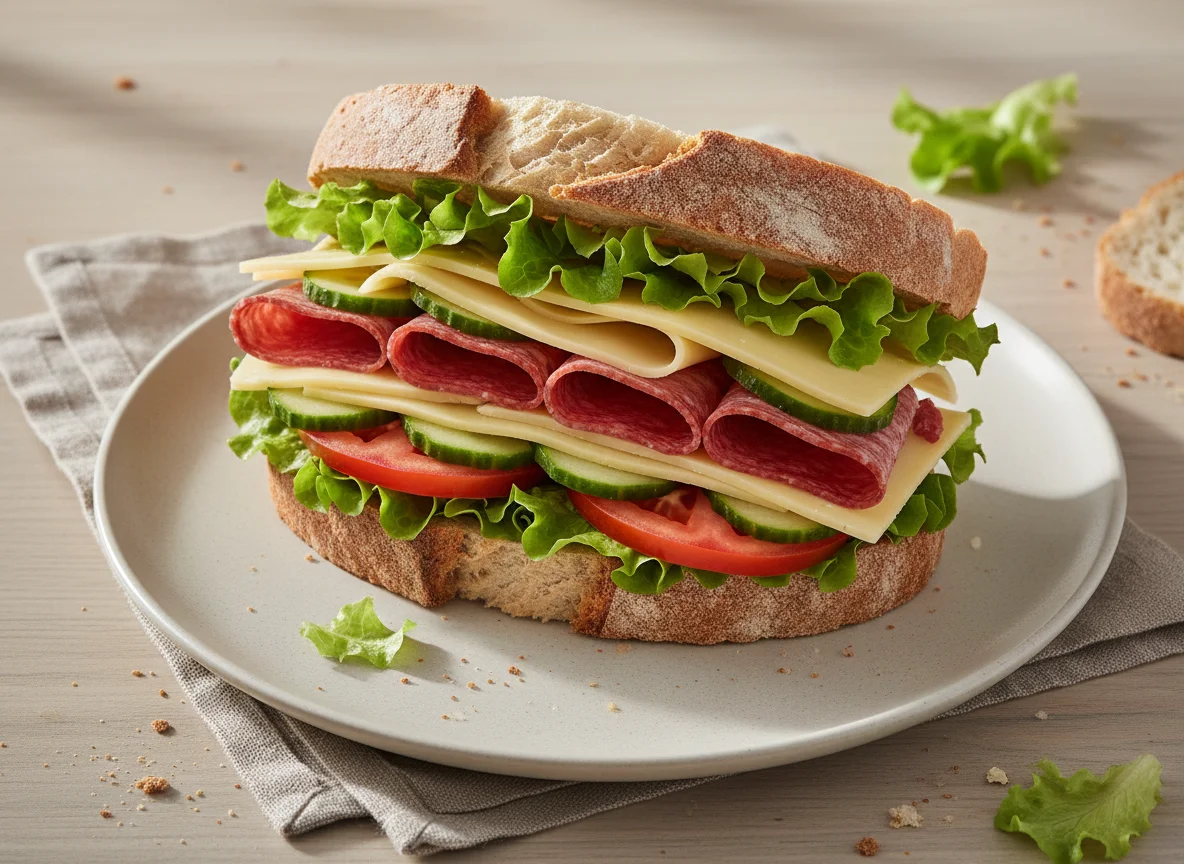 Sandwich mit Salami, Käse und Gemüse photo