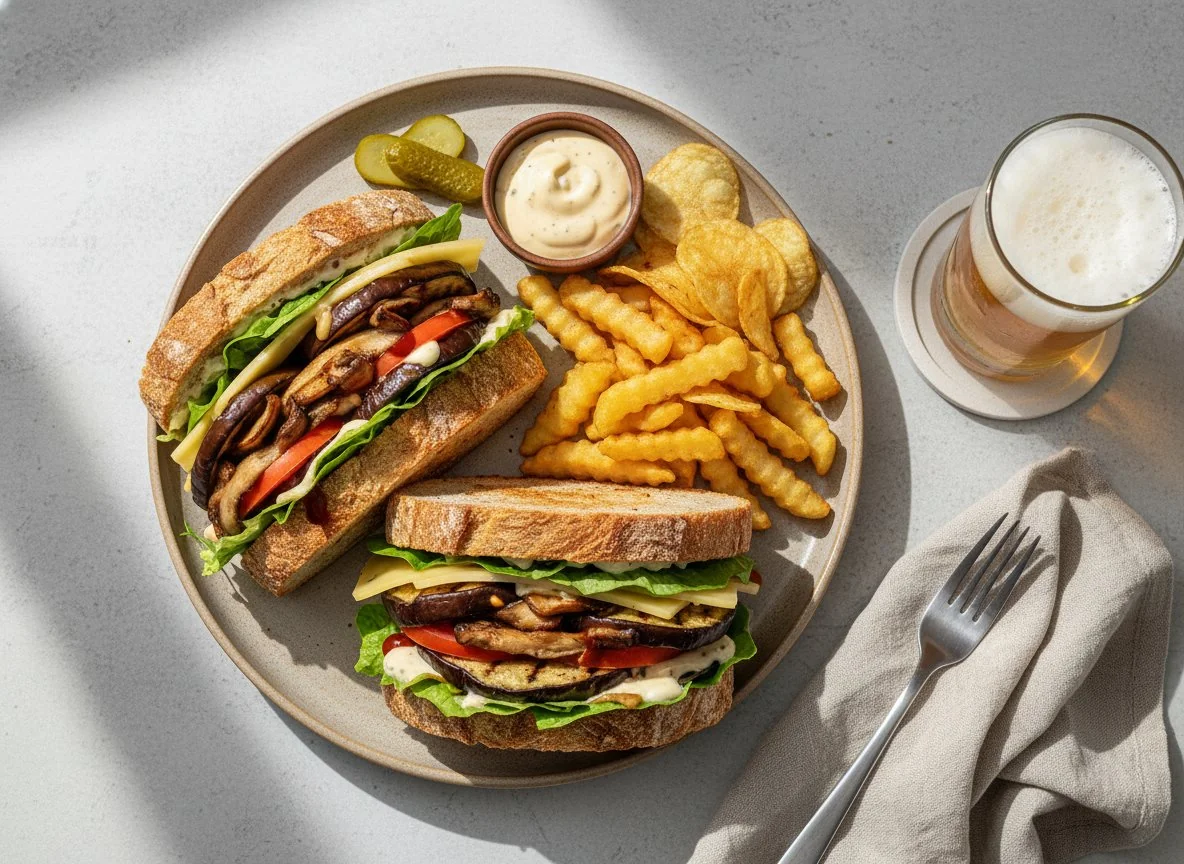 Sandwich-Hälften mit Pommes und Kölsch photo