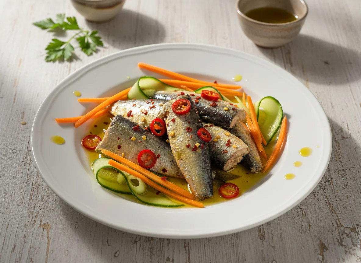Sardinen in Olivenöl mit scharfem Piri-Piri, Karotte und Gurke photo