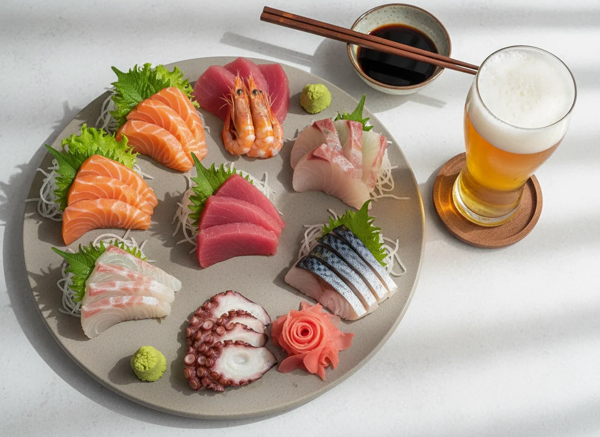 Sashimi-Platte mit Bier photo