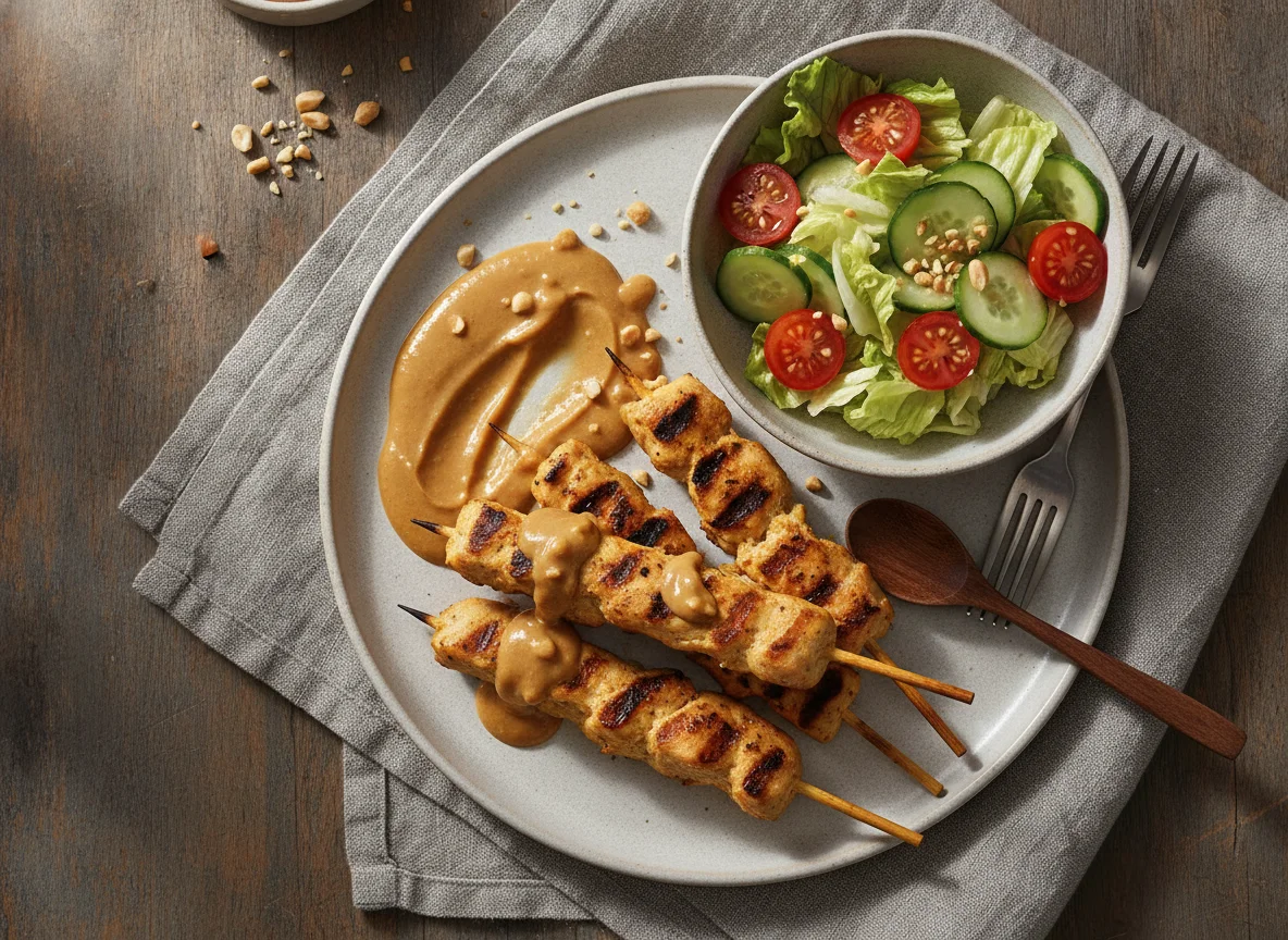 Saté-Spieße mit Erdnusssauce und Beilagensalat photo