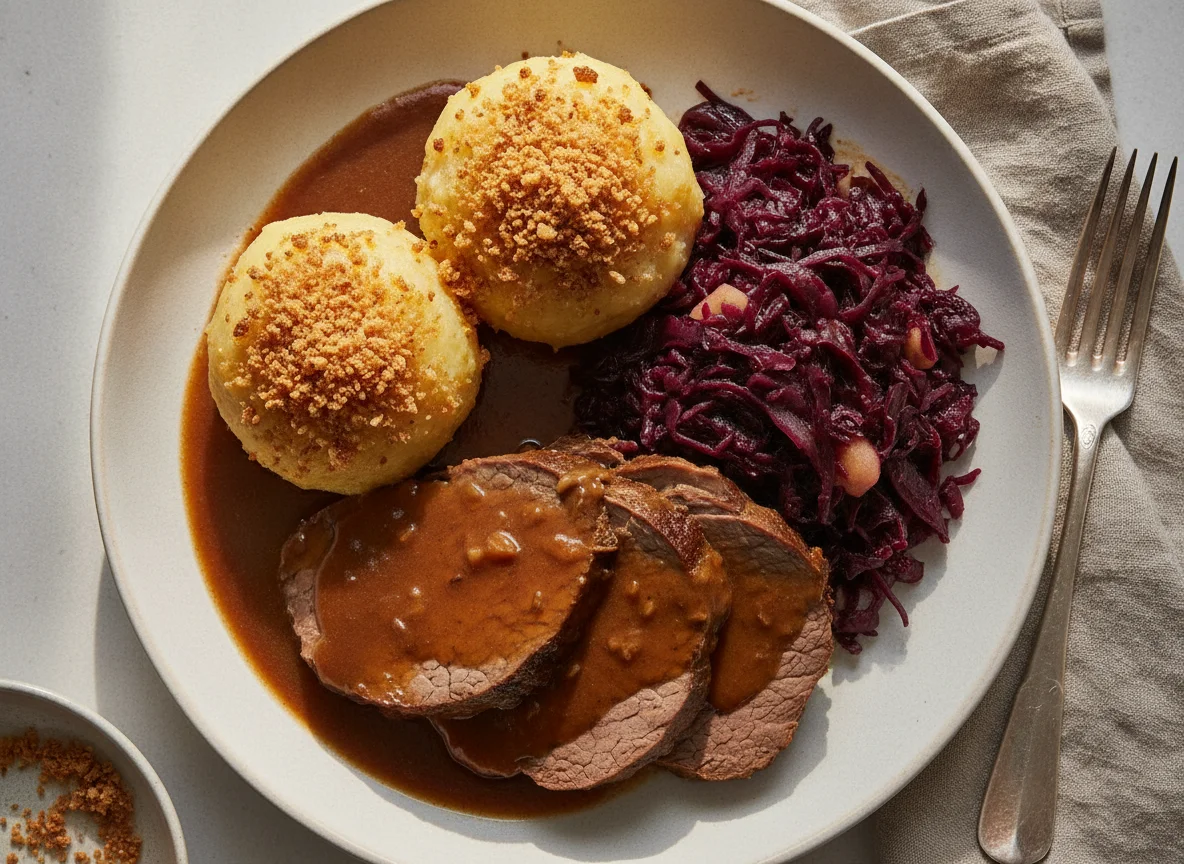 Sauerbraten mit Kartoffelklößen und Rotkohl photo