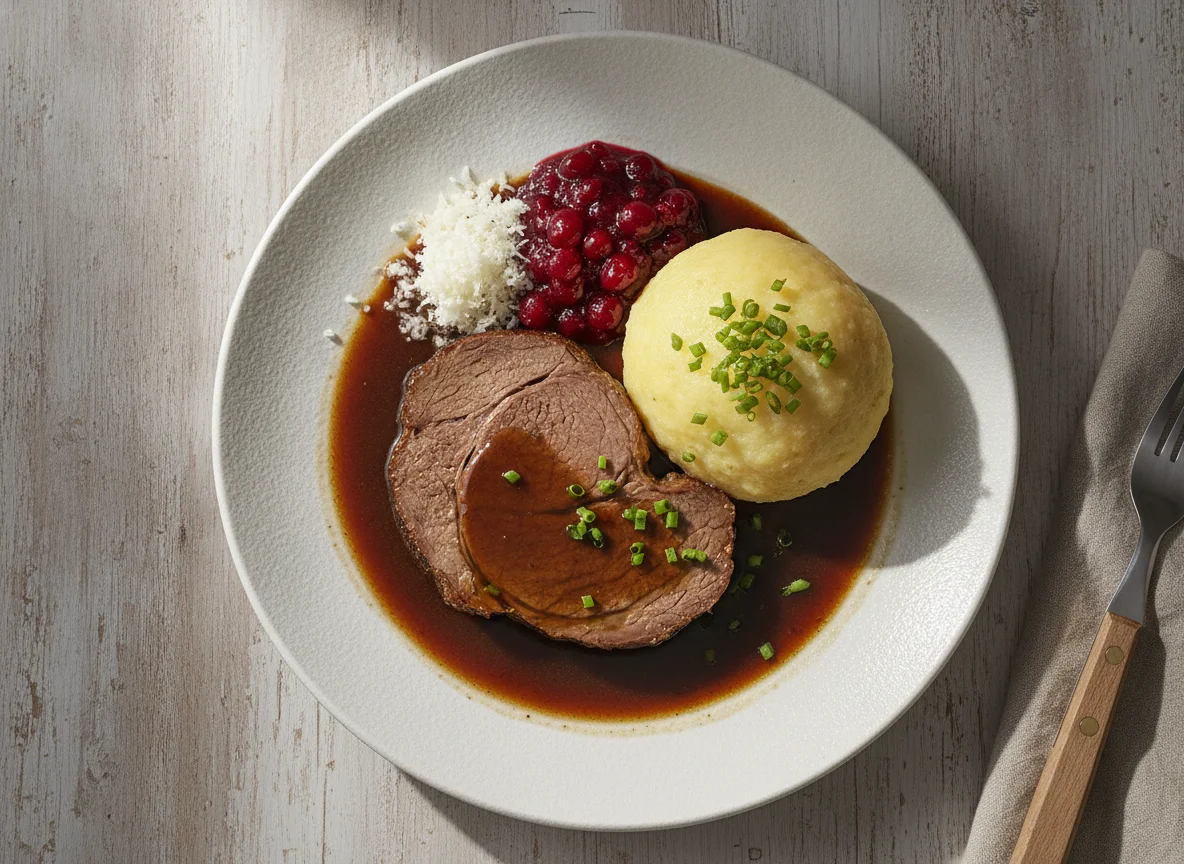 Sauerbraten mit Kloß und Preiselbeeren photo