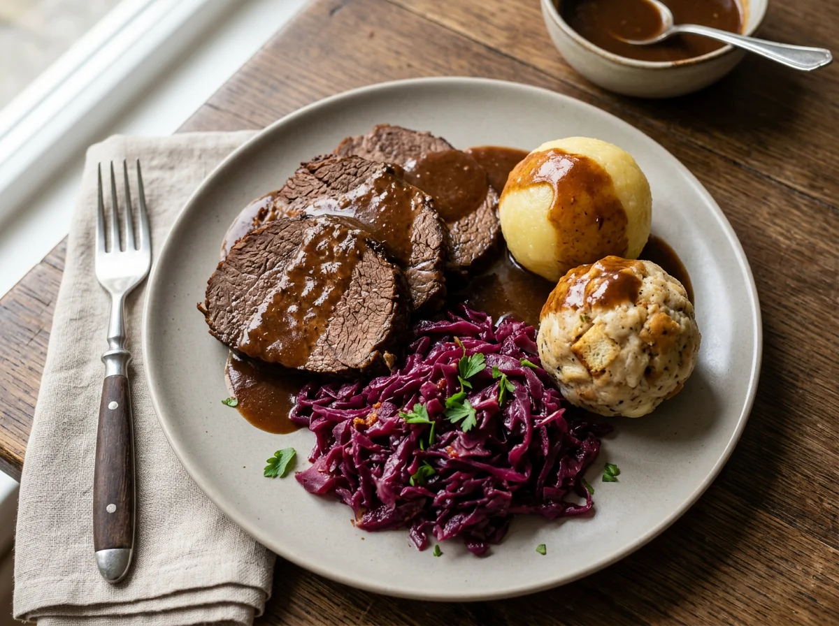 Sauerbraten mit Klößen und Rotkohl photo