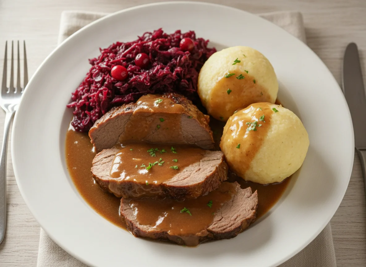 Sauerbraten mit Rotkohl und Kartoffelklößen photo