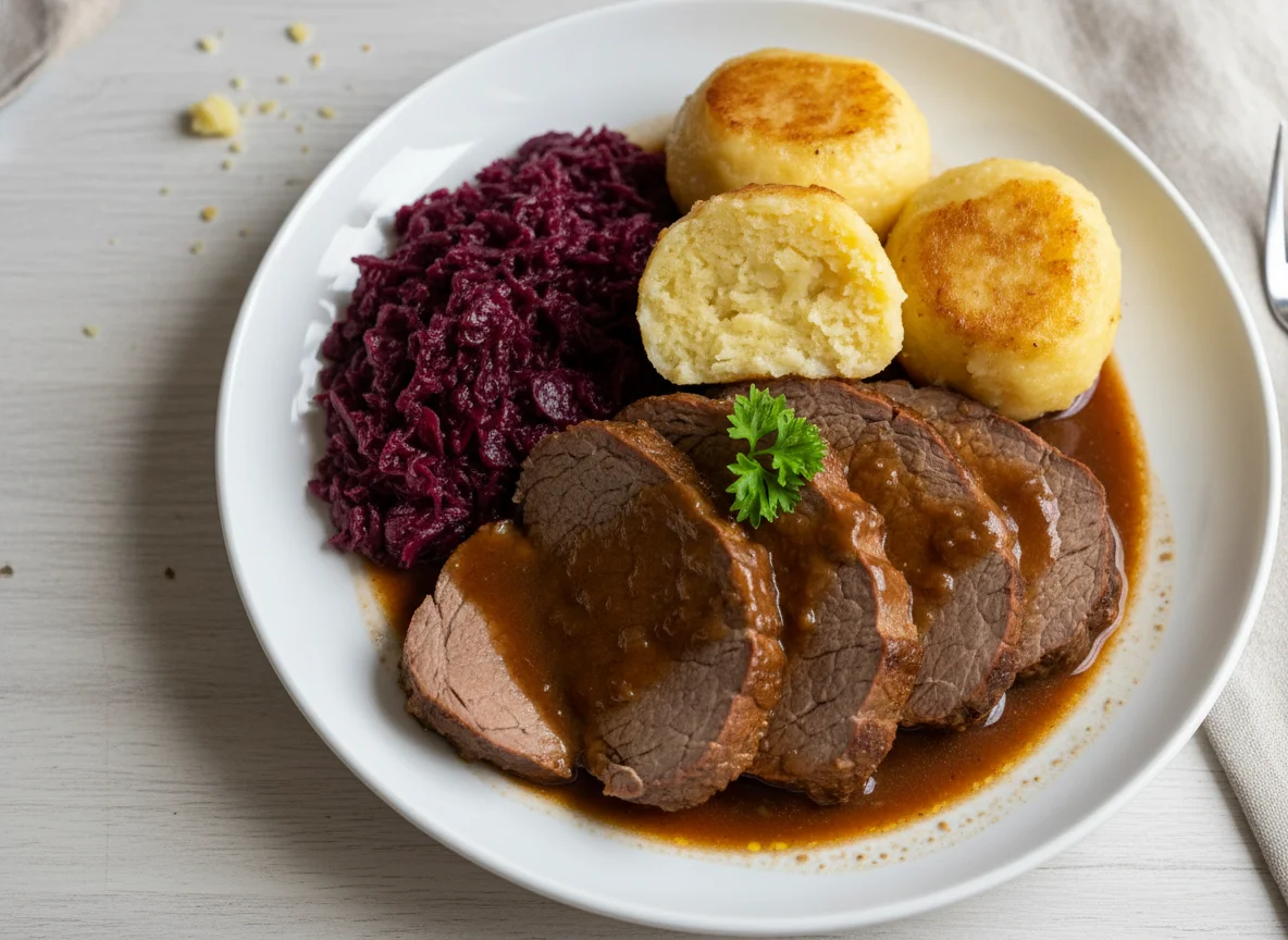 Sauerbraten mit Rotkohl und Kartoffelknödel photo