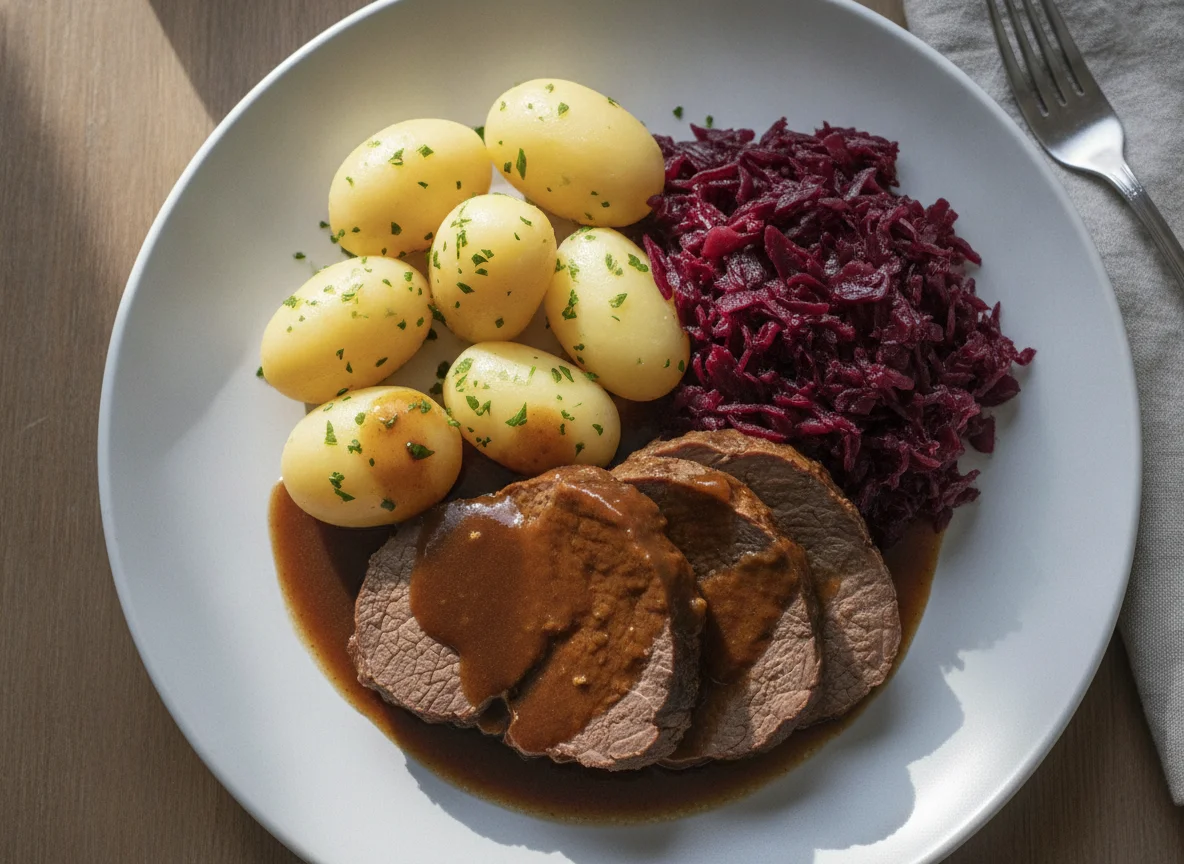 Sauerbraten mit Salzkartoffeln und Rotkohl photo