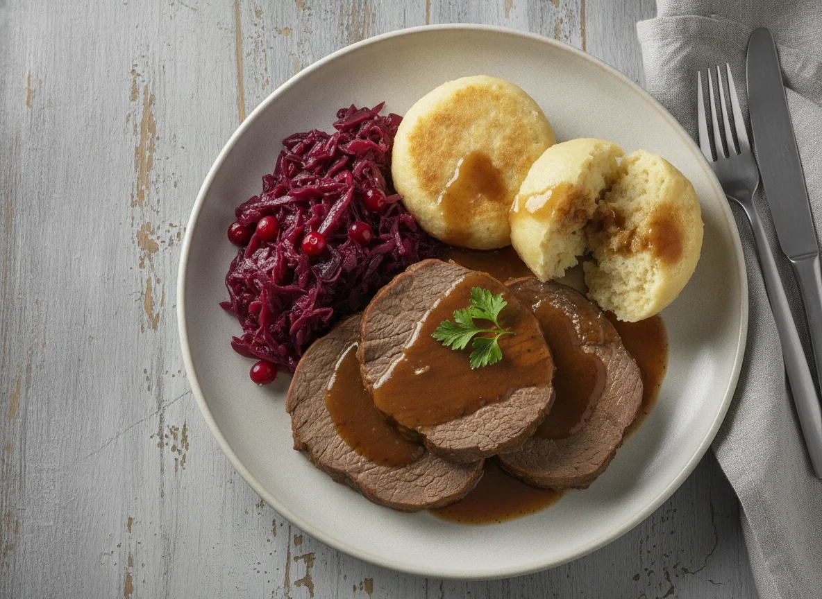 Sauerbraten mit Semmelknödeln und Rotkohl photo