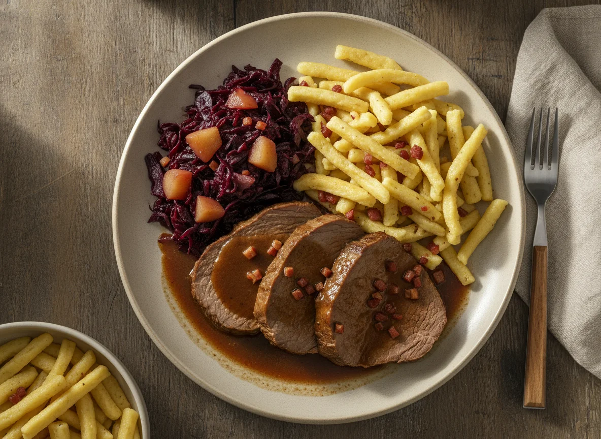 Sauerbraten mit Spätzle und Rotkohl photo