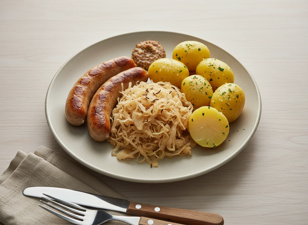 Sauerkraut mit Würstchen und Kartoffeln photo