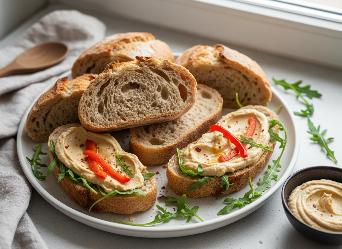 Sauerteig Baguette mit Hummus und Rucola photo