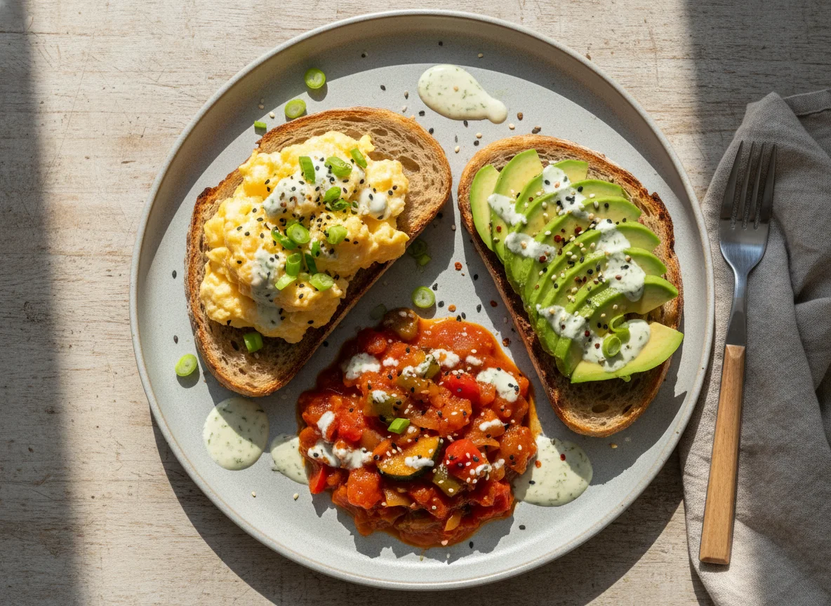 Sauerteigbrot mit Rührei, Avocado, Tomatenschakschuka und Sauce photo