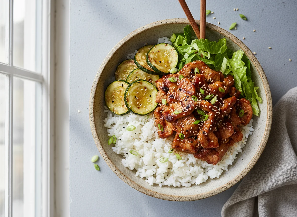 Scharfe koreanische BBQ Pork Bowl photo