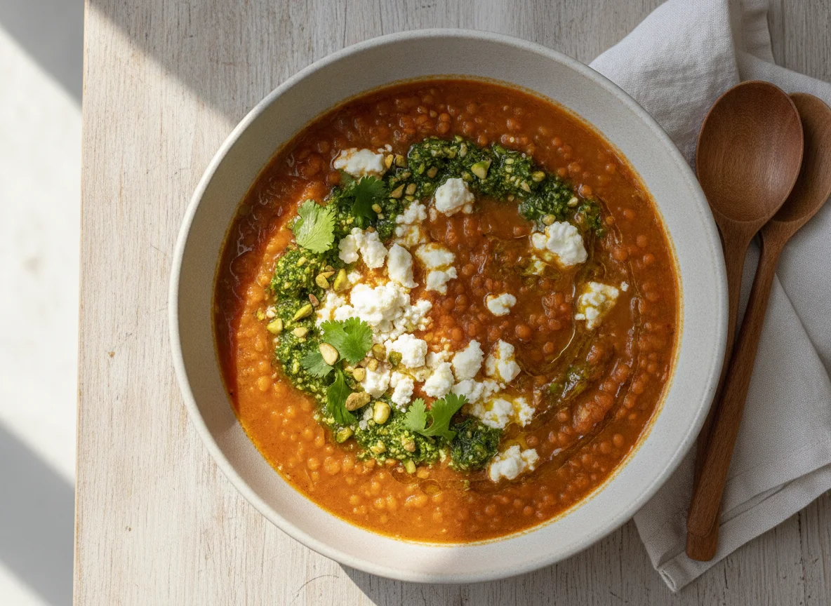 Scharfe Marokkanische Linsensuppe mit Bio-Feta photo