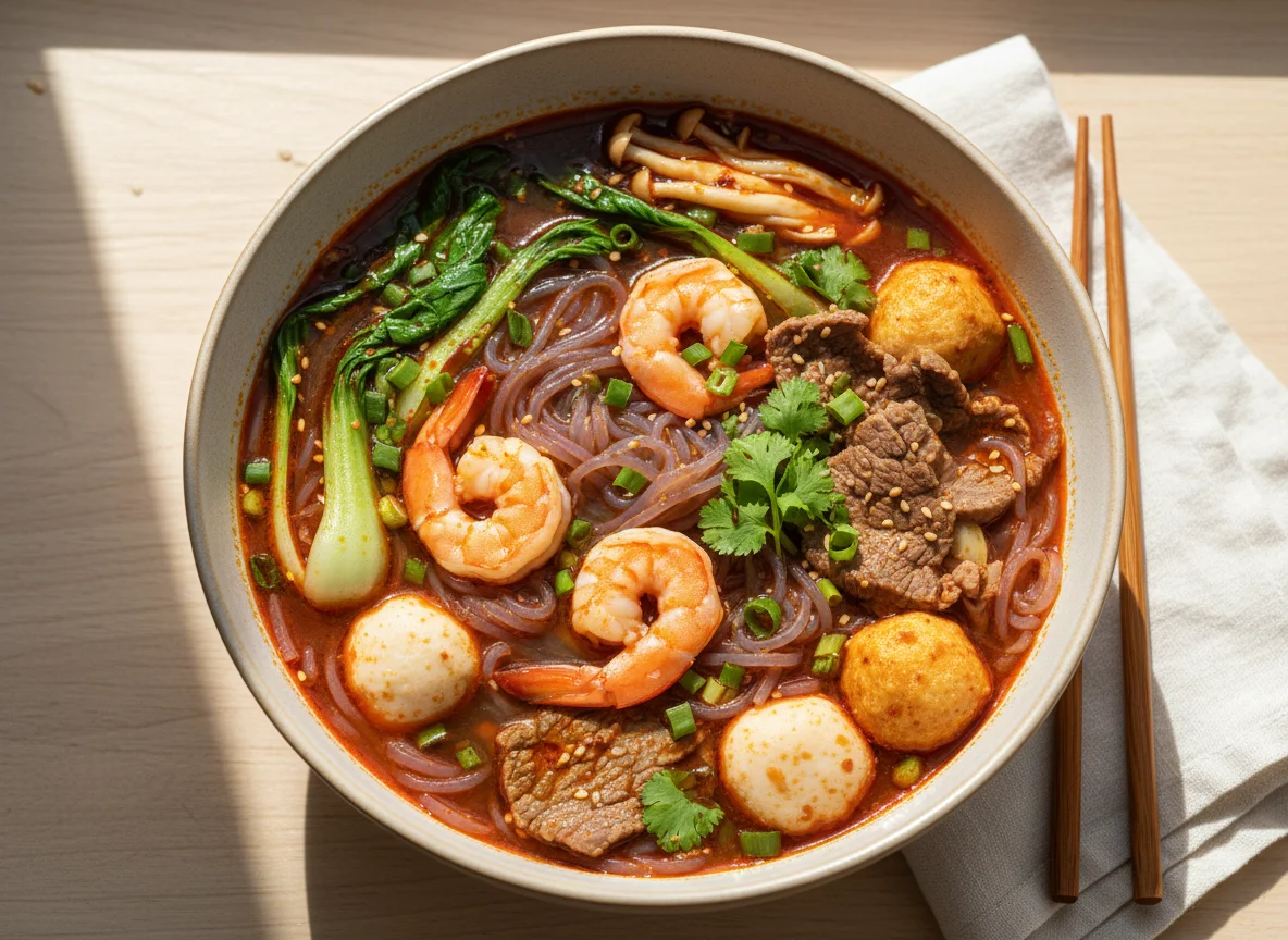 Scharfe Nudelsuppe mit Garnelen und Rindfleisch photo