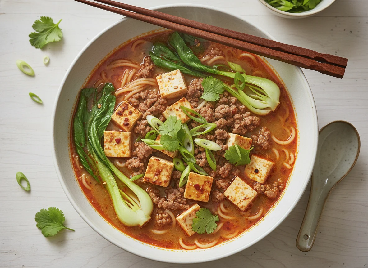 Scharfe Nudelsuppe mit Hackfleisch und Tofu photo
