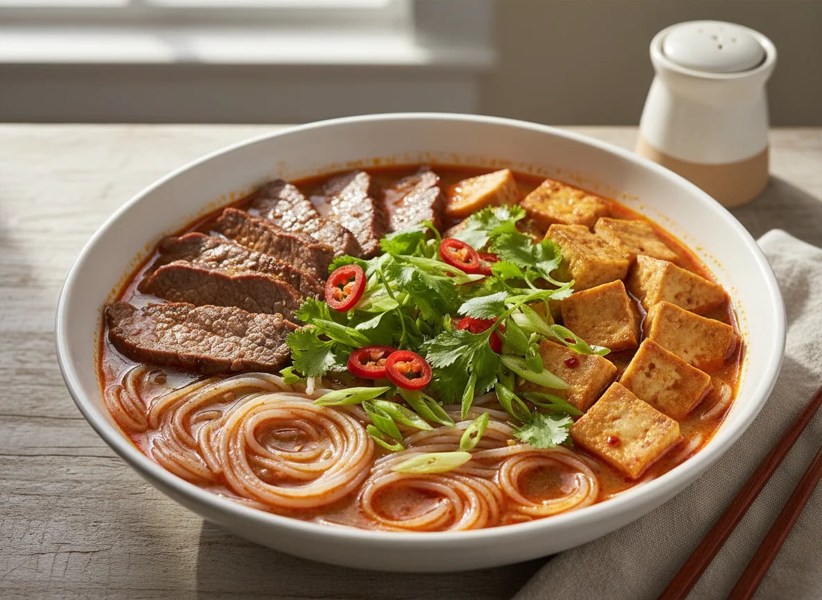 Scharfe Nudelsuppe mit Tofu und Rindfleisch photo