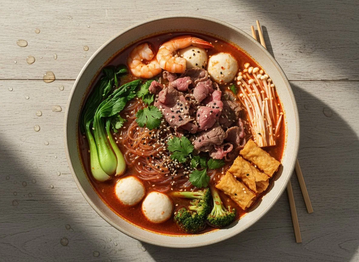 Scharfe Nudelsuppe mit verschiedenen Zutaten photo