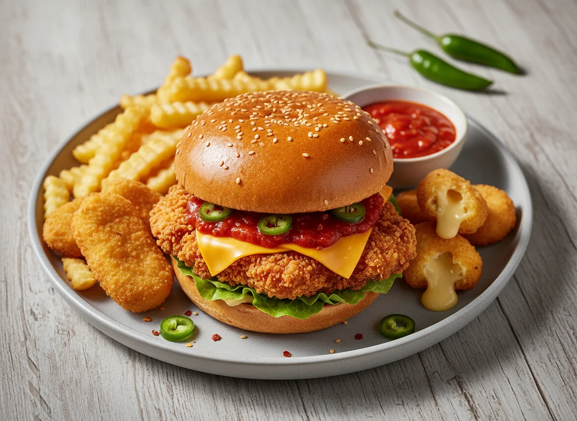 Scharfer Hähnchenburger mit Pommes und Beilagen photo