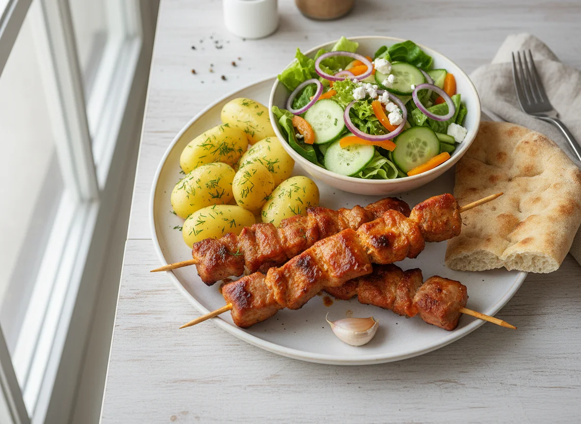 Schaschlik mit Kartoffeln und Salat photo