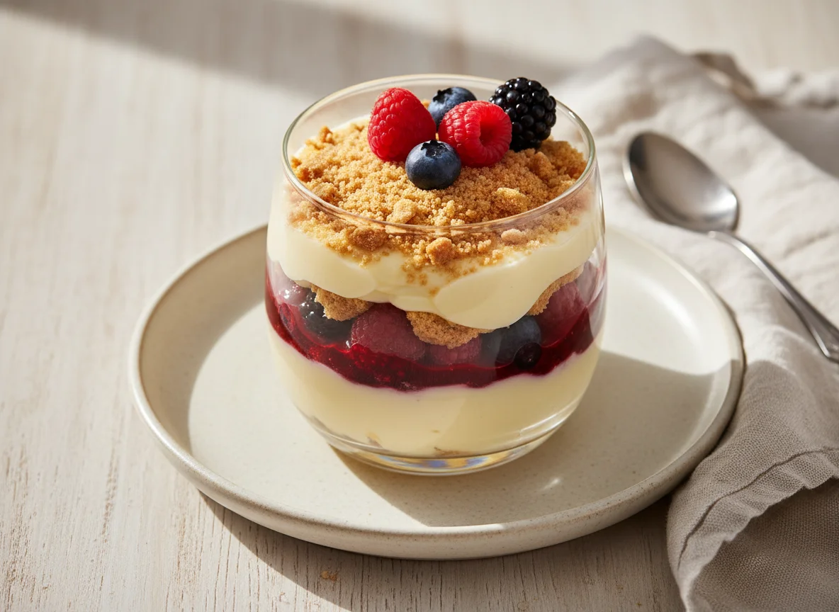 Schichtdessert mit Beeren und Keksstreuseln photo