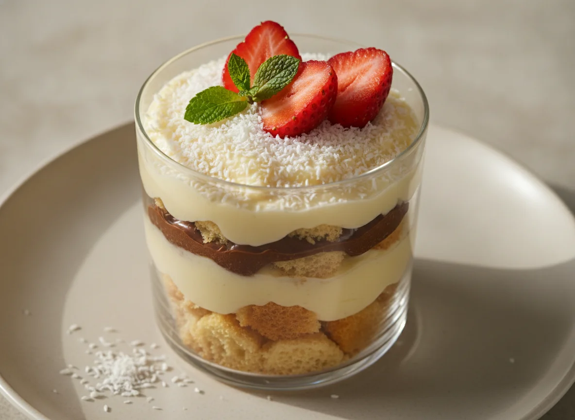 Schichtdessert mit Erdbeere und Kokosraspeln photo