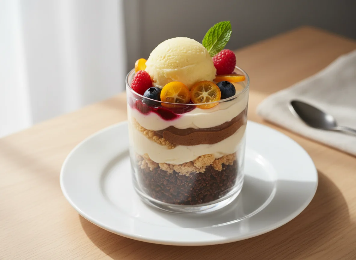 Schichtdessert mit Sorbet und Früchten photo