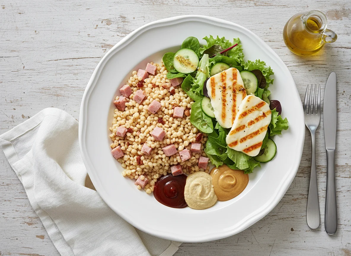 Schinken mit Couscous und Salat photo